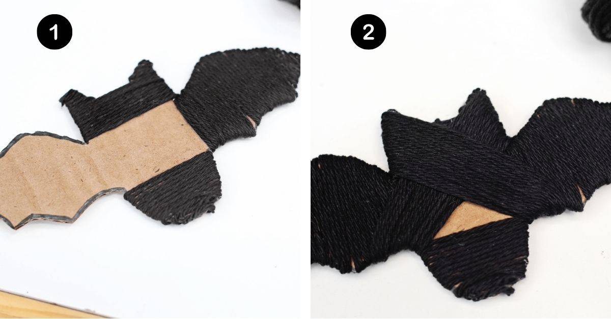 Cardboard bat with black yarn wrapped around wings, bottom, head, and middle.