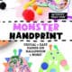 Child working on monster handprint craft with craft supplies on activity tray like construction paper, markers, pom poms, pipe cleaners, googly eyes, glue stick, and more with examples.