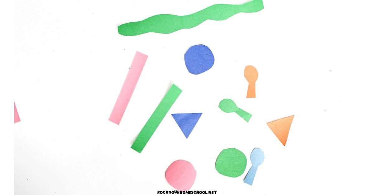 Construction paper shapes in circles, rectangles, and more.
