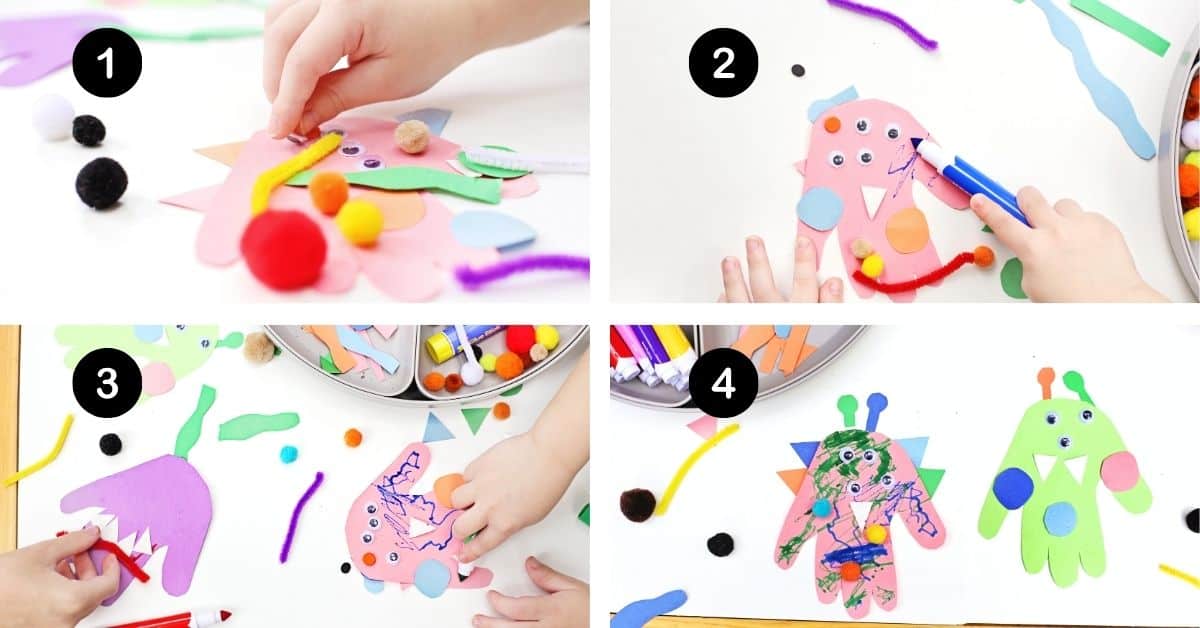 Examples of children working on paper monster handprint crafts with activity tray.