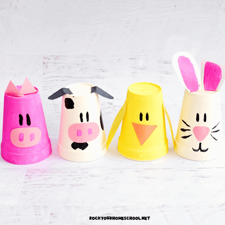 Examples of paper cup animals featuring pig, cow, chick, and bunny.