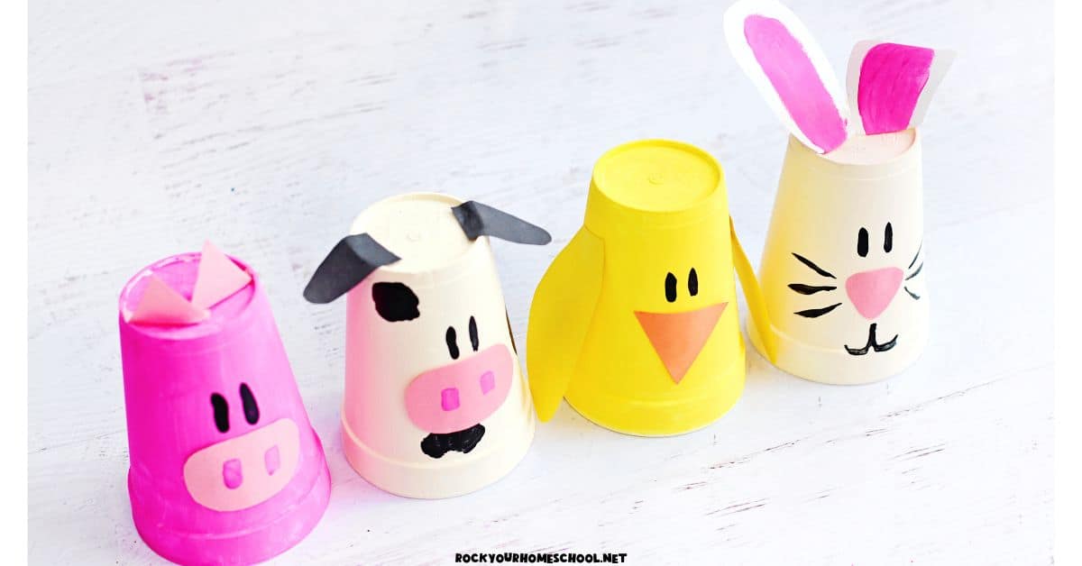 Examples of cute paper cup animals featuring pig, cow, chick, and bunny.