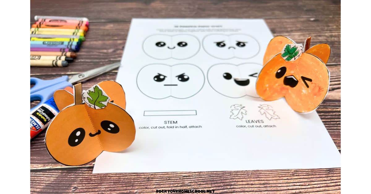 Examples of 3D paper pumpkin crafts with black-and-white printable template.