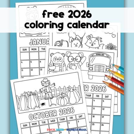 Examples of free printable 2026 coloring calendar for kids with examples of January, April, September, and October.
