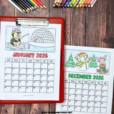 Examples from free printable 2026 coloring calendar for kids with January on red clipboard and December.