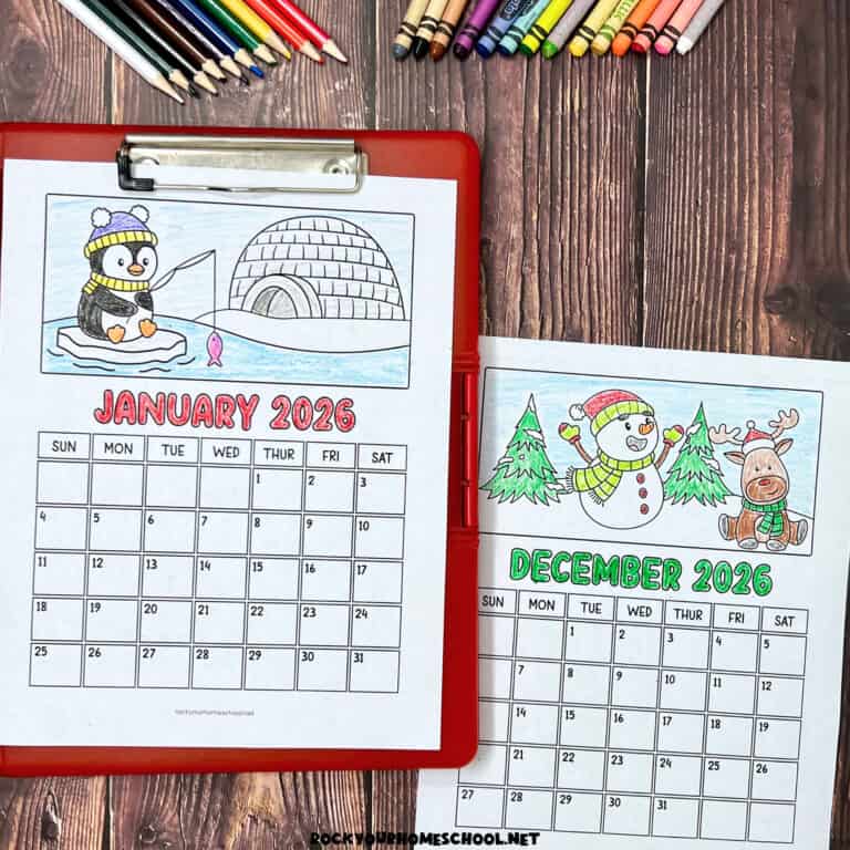 Examples from free printable 2026 coloring calendar for kids with January on red clipboard and December.