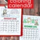Examples from free printable 2026 coloring calendar for kids with January on red clipboard and December.