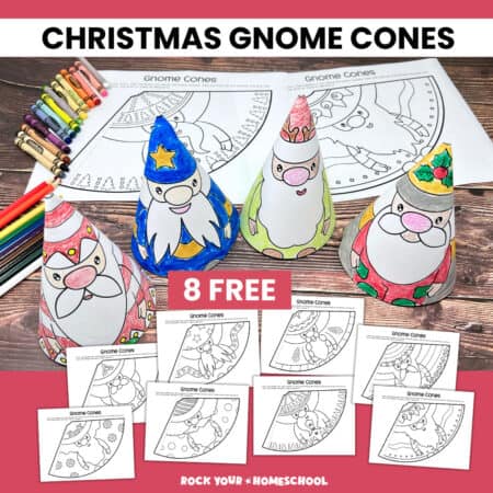 Examples of Christmas gnome cones with free printable templates.