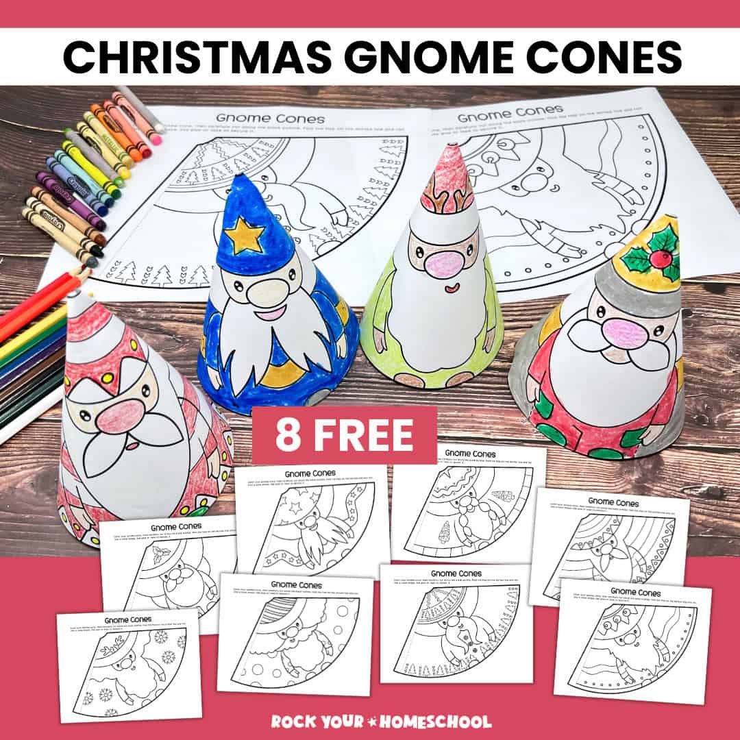 Examples of Christmas gnome cones with free printable templates.