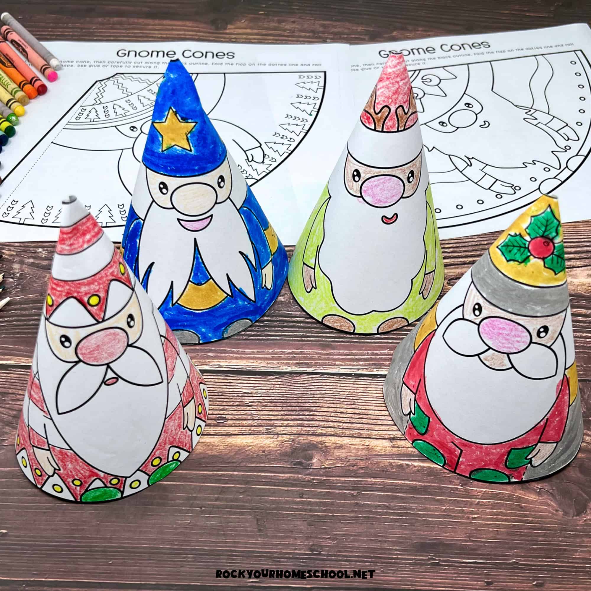 Four examples of free printable Christmas gnome cones.