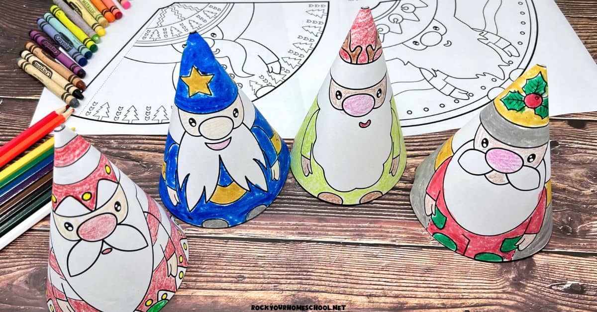 Four examples of cute Christmas gnome cones with free printable templates.