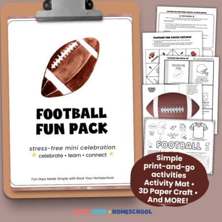 Football Fun Pack cover on brown clipboard with Snack + Share page, cootie catcher, football mini-book, football 3D paper craft, and football activity mat.