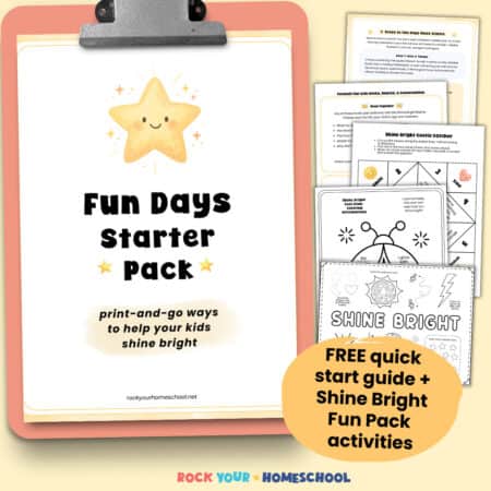 Fun Days Starter Pack with print-and-go activities including cootie catcher, coloring affirmations page, Shine Bright activity mat, and more.