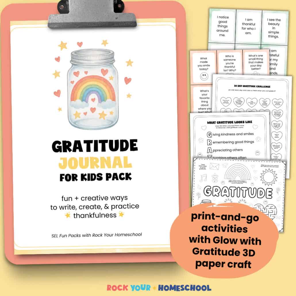 Gratitude Journal for Kids Pack cover with examples of printable activities featuring gratitude affirmation cards, conversation starters, 30 day challenge, poster, and activity mat.