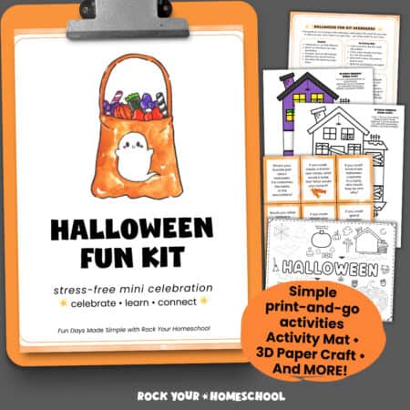 Cover of Halloween Fun Kit on orange clipboard with examples of activities and planner page.