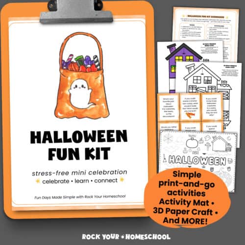 Cover of Halloween Fun Kit on orange clipboard with examples of activities and planner page.
