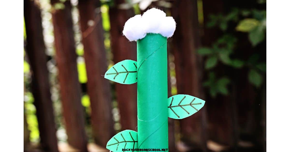 Example of fun and frugal Jack and the Beanstalk craft made with paper towel tube and cotton balls.