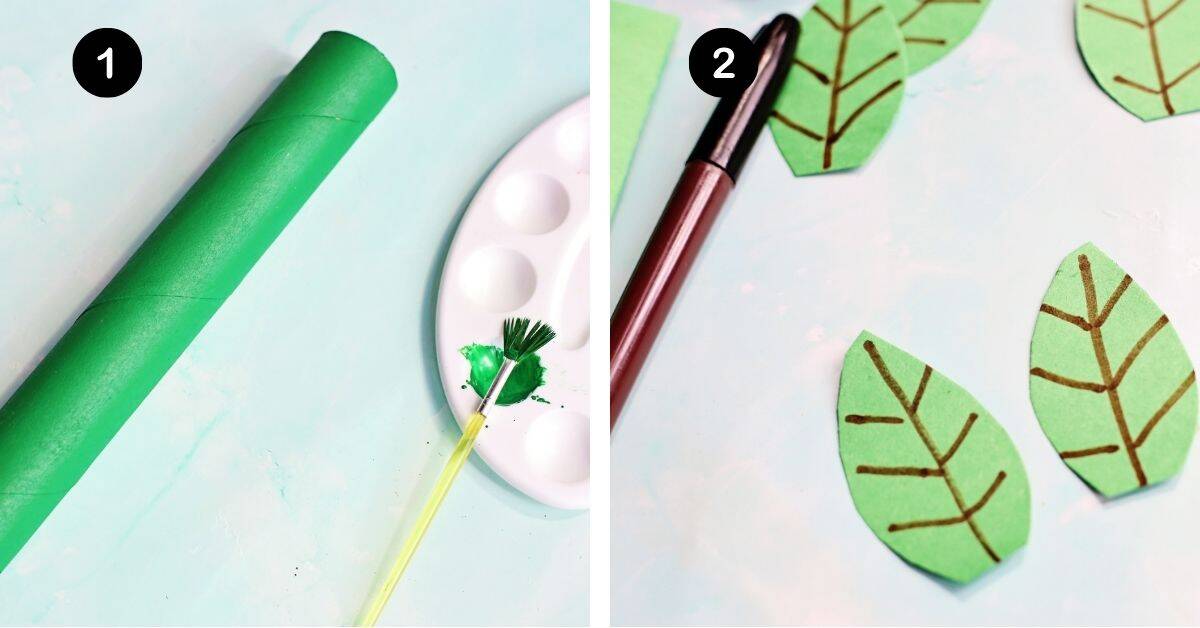 Paper towel tube painted green and green paper leaves with brown marker.