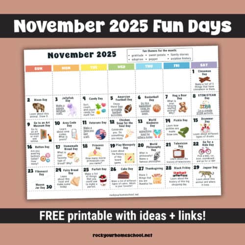 November 2025 Fun Days calendar with ideas and links to activities for kids.