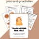 Thanksgiving Fun Pack cover with examples of print-and-go activities like 3D paper turkey craft, mini-book, cootie catcher, and more.