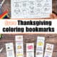 Woman holding free printable page of Thanksgiving bookmarks and 5 examples.