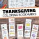 Woman holding free printable page of Thanksgiving bookmarks and 5 examples.