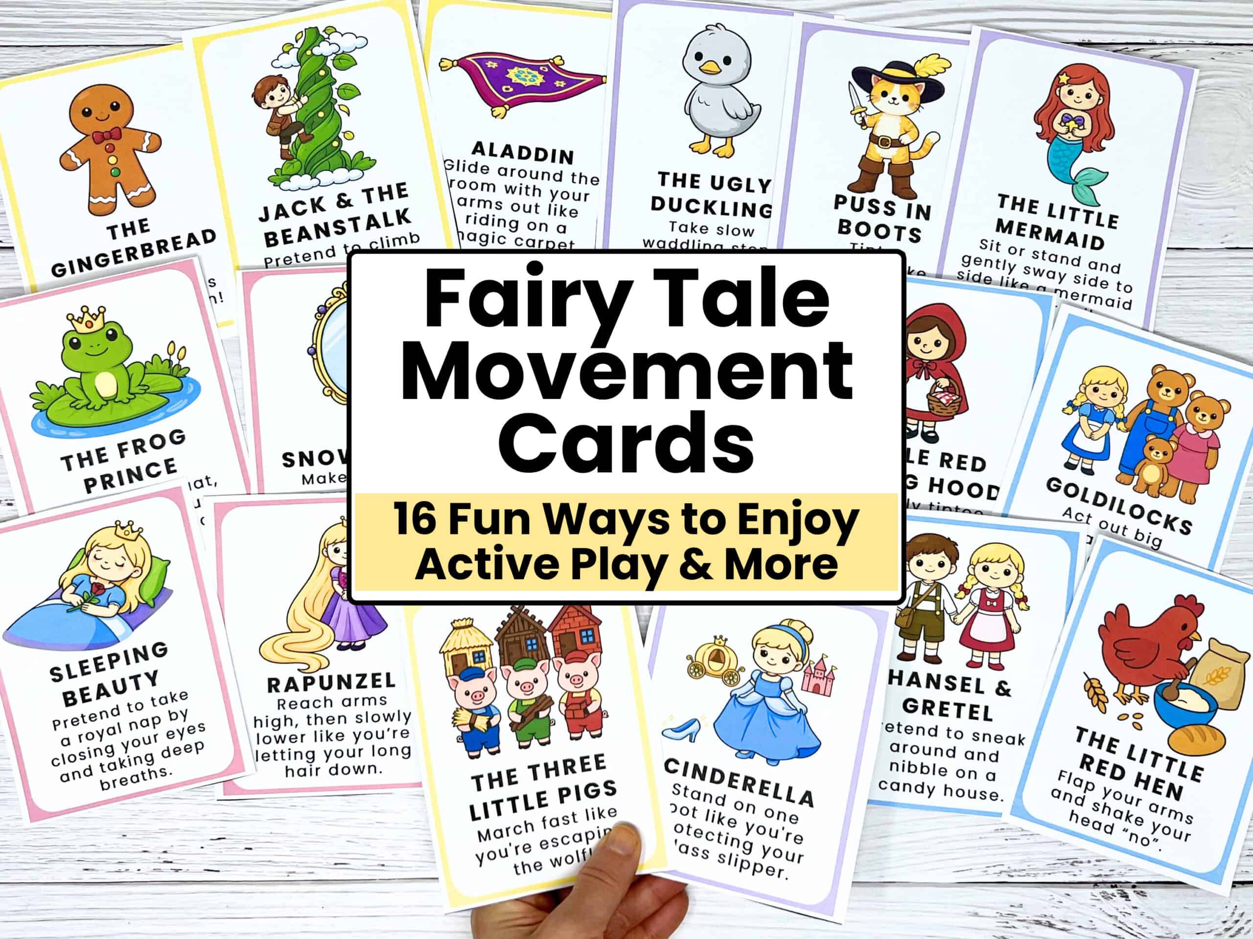 16 printable fairy tale movement cards for kids.