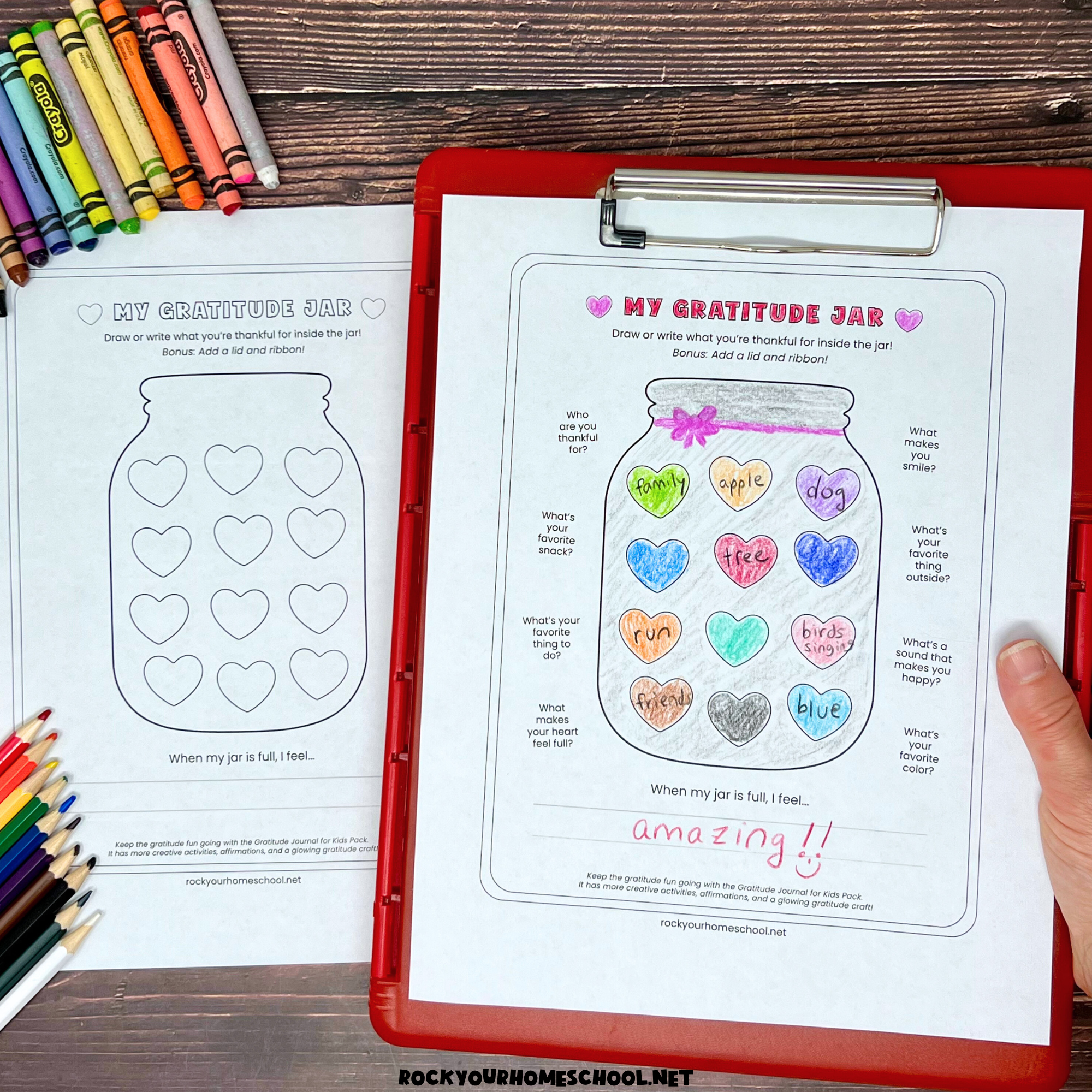 Two examples of gratitude jar worksheet set with crayons and color pencils.
