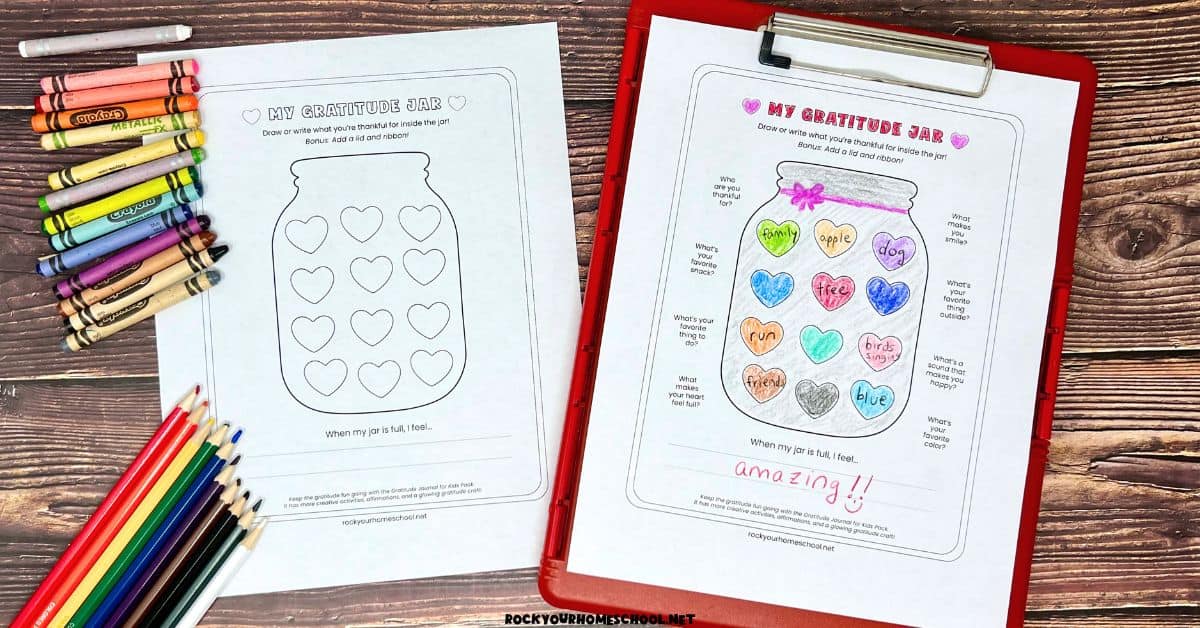 Examples of free printable gratitude jar worksheet set with crayons and color pencils.