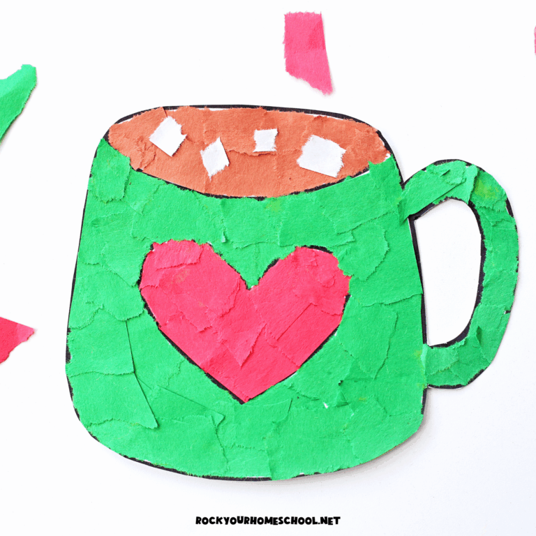 Example of a torn paper hot cocoa craft in green and red heart and marshmallows.