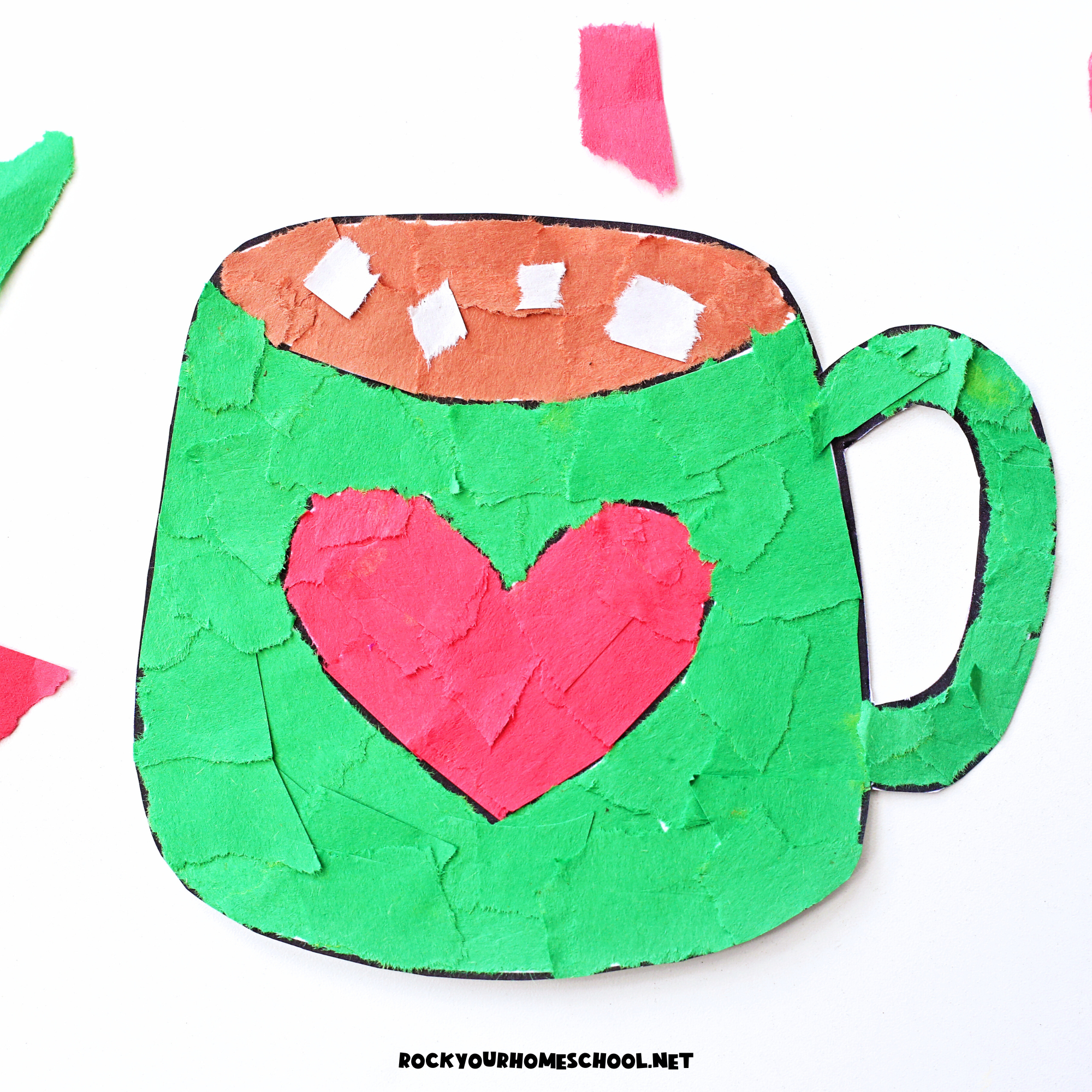 Example of a torn paper hot cocoa craft in green and red heart and marshmallows.