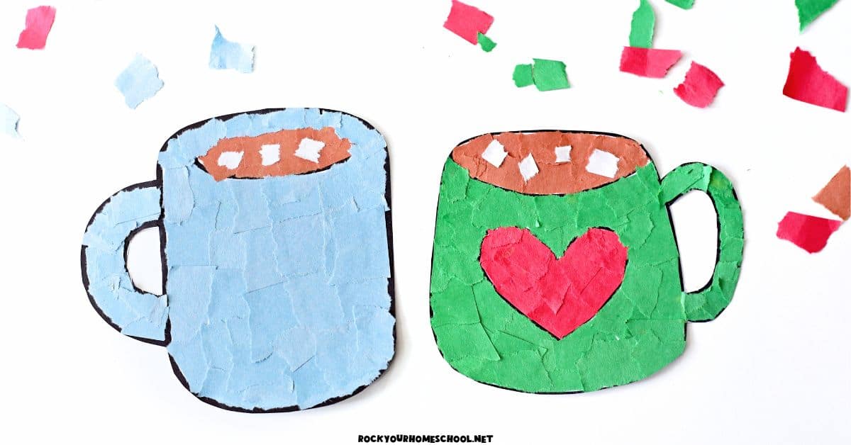 Two examples of hot cocoa mug crafts in light blue and green with red heart.