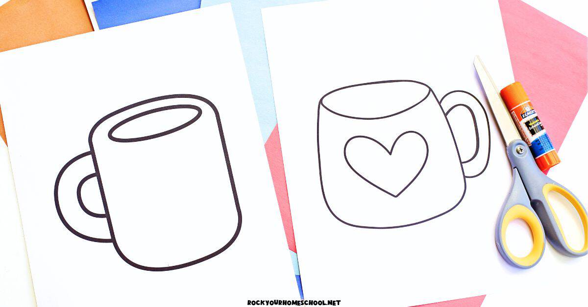 Two printable hot cocoa mug templates with scissors, construction paper, and glue stick.