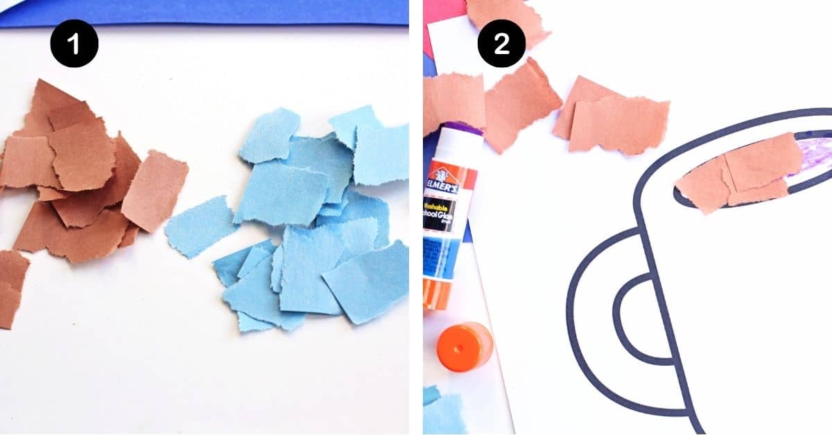 Blue and brown torn paper pieces and mug template with glue stick.