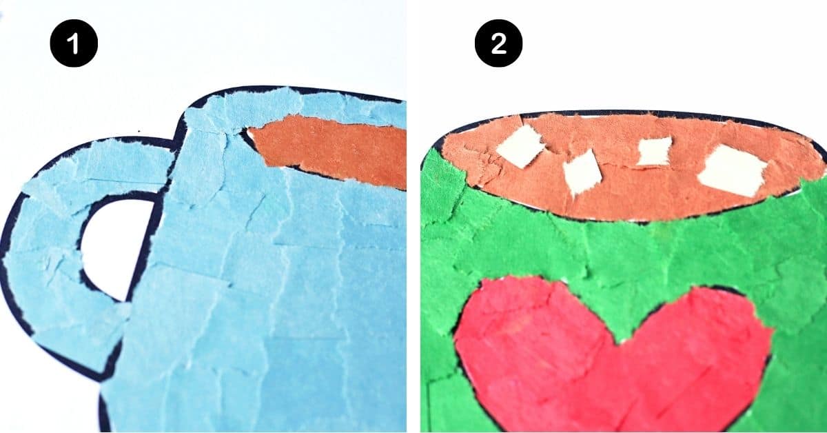 Two examples of hot chocolate mug crafts in light blue and green with red heart.