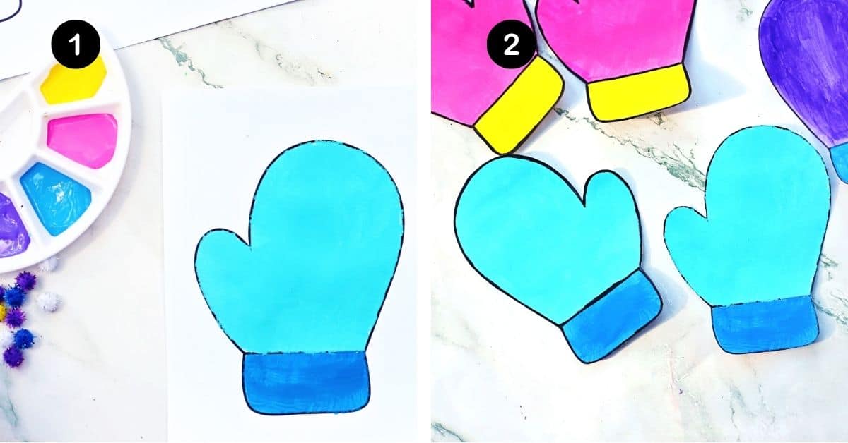 Free printable mitten template painted blue and cut out.