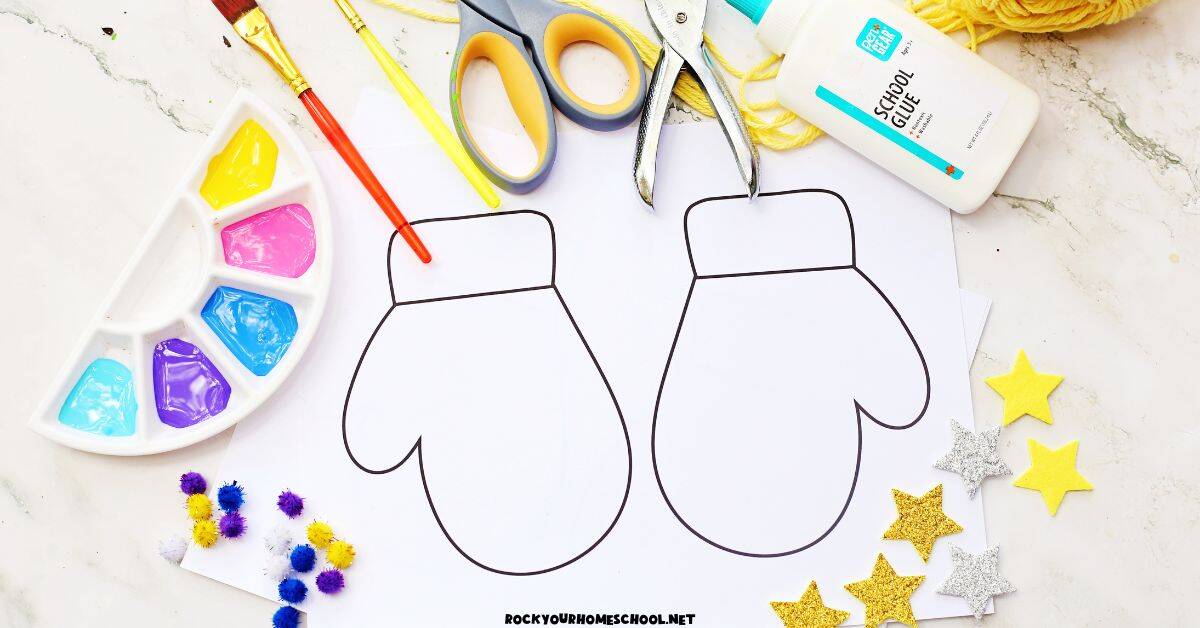 Free printable mittens template with scissors, hole punch, glue, yellow yarn, star foam stickers, pom poms, paint and paint brushes.