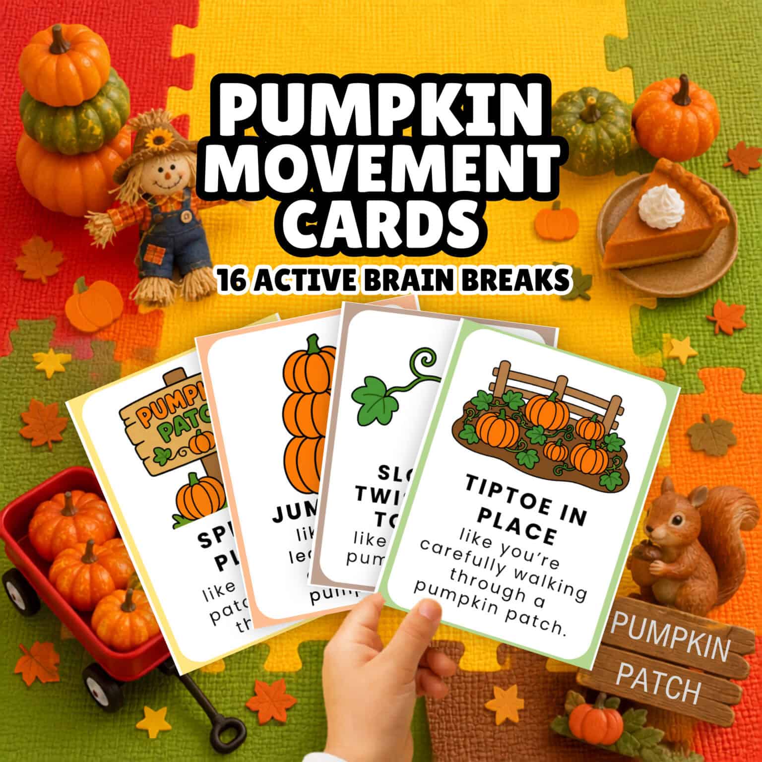 A child's hand holding pumpkin movement cards for kids to enjoy creative ways to get up and move through gross motor activities, balance, self-regulation, and more.