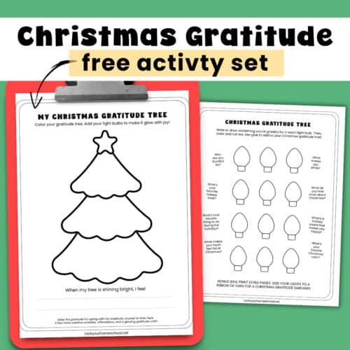 Free printable Christmas gratitude tree activity set with light bulbs.