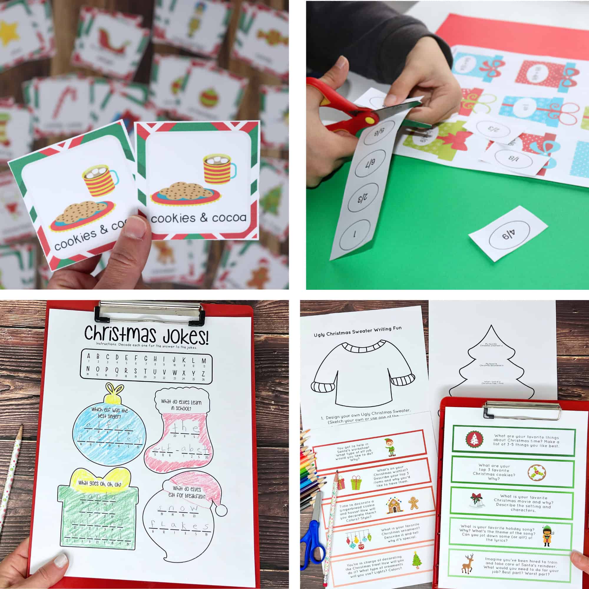 Four examples of free printable Christmas learning activities for kids including memory game, math worksheets, crack the code jokes, and writing prompts.