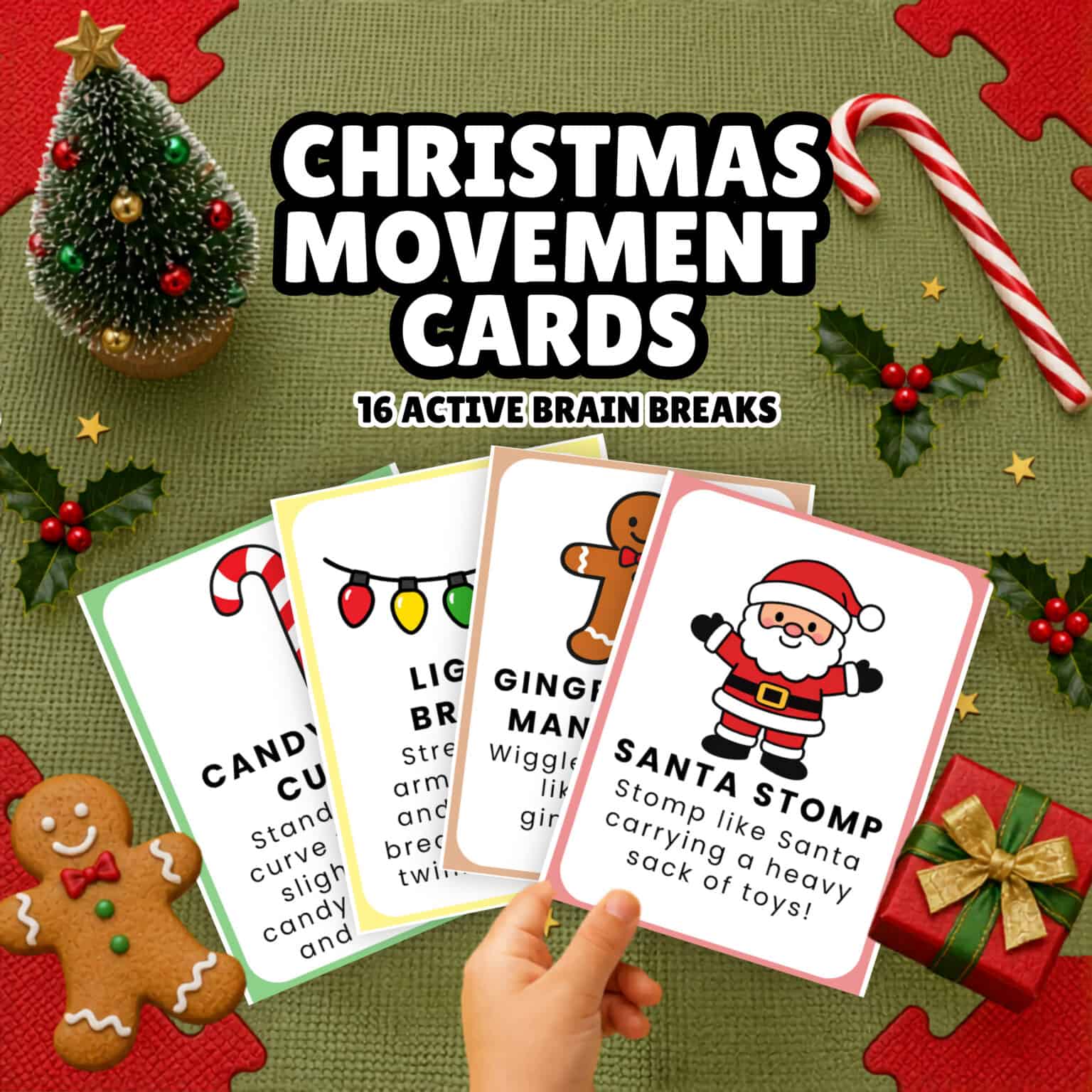 Child holding examples of Christmas movement cards for kids.