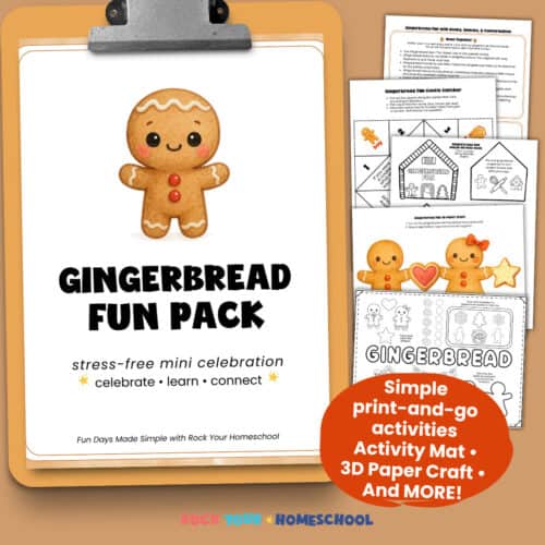 Gingerbread Fun Pack cover on brown clipboard with printable activities of Snack and Share It for book and snack suggestions, gingerbread cootie catcher, Gingerbread Fun mini book, 3D paper gingerbread friends craft, and gingerbread activity mat.