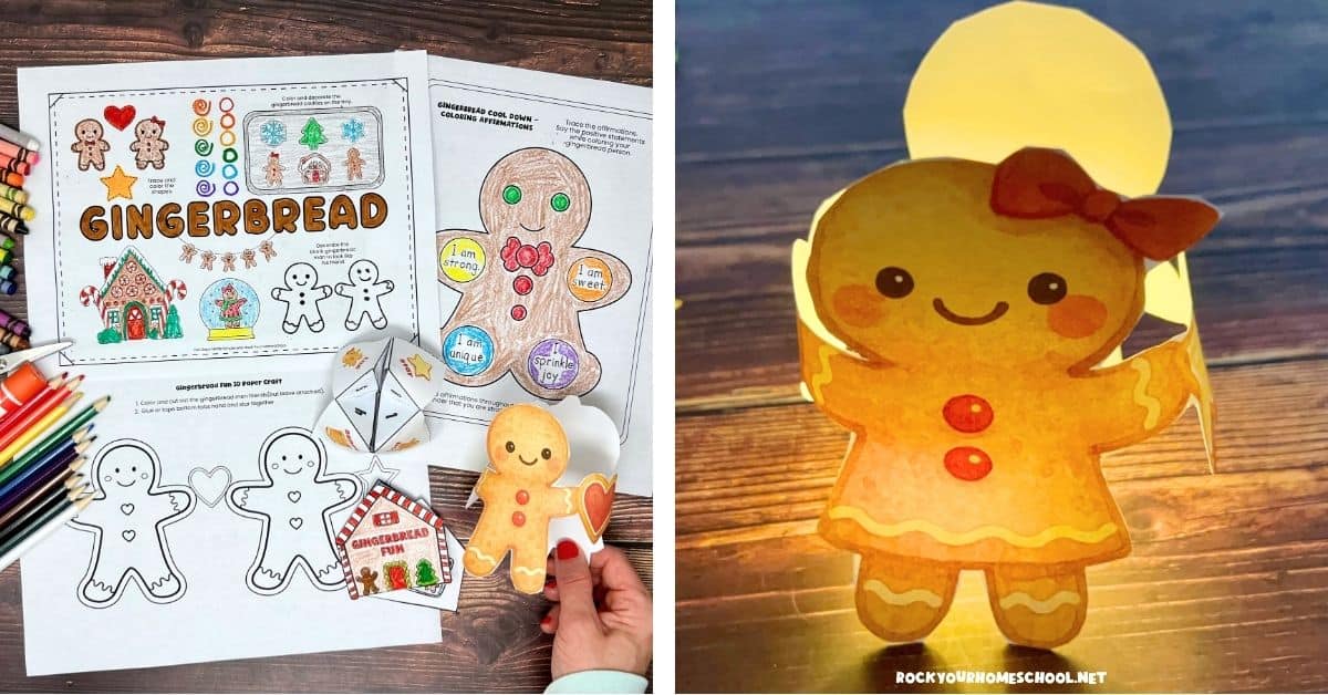 Examples of the Gingerbread Fun Pack with printable activities like gingerbread activity mat, affirmations coloring page, gingerbread fun mini book, gingerbread conversation starter cootie catcher, and 3D paper gingerbread friends craft. 