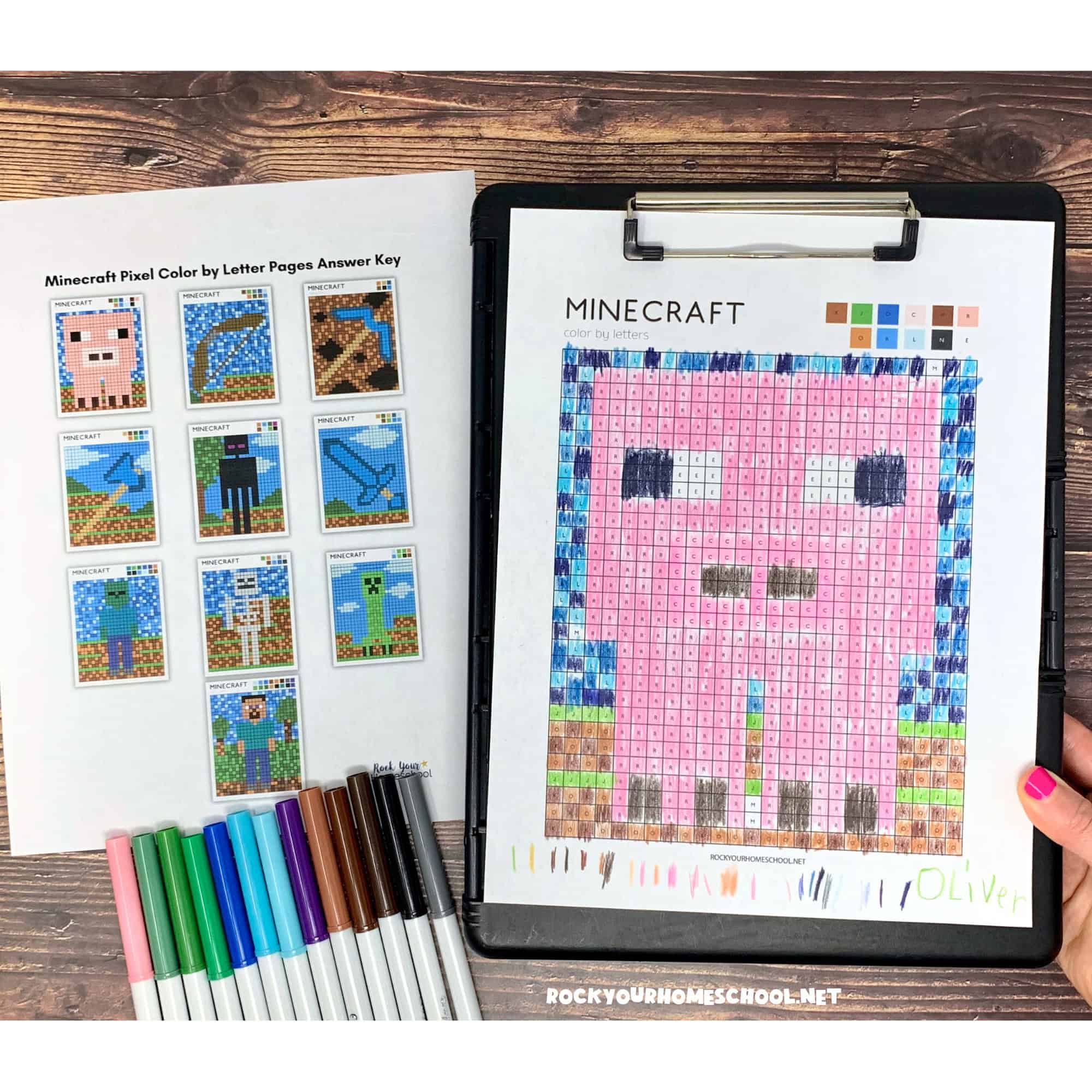 Example of free printable Minecraft color by letter pixel art activities featuring Pig.