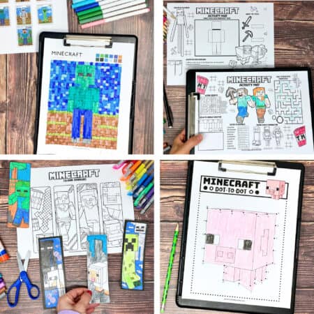 Examples of free Minecraft printables including pixel color by letter, activity sheets, bookmarks, and connect the dots.