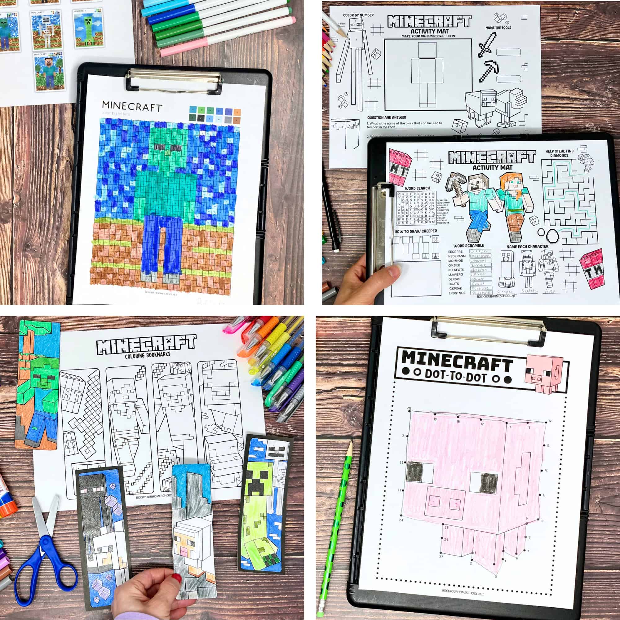 Examples of free Minecraft printables including pixel color by letter, activity sheets, bookmarks, and connect the dots.