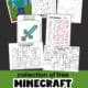 Examples of free Minecraft printables with color by letter pixel art activities, color by number, connect the dots, perler bead patterns, axolotl I Spy, coloring bookmarks, and activity sheet.
