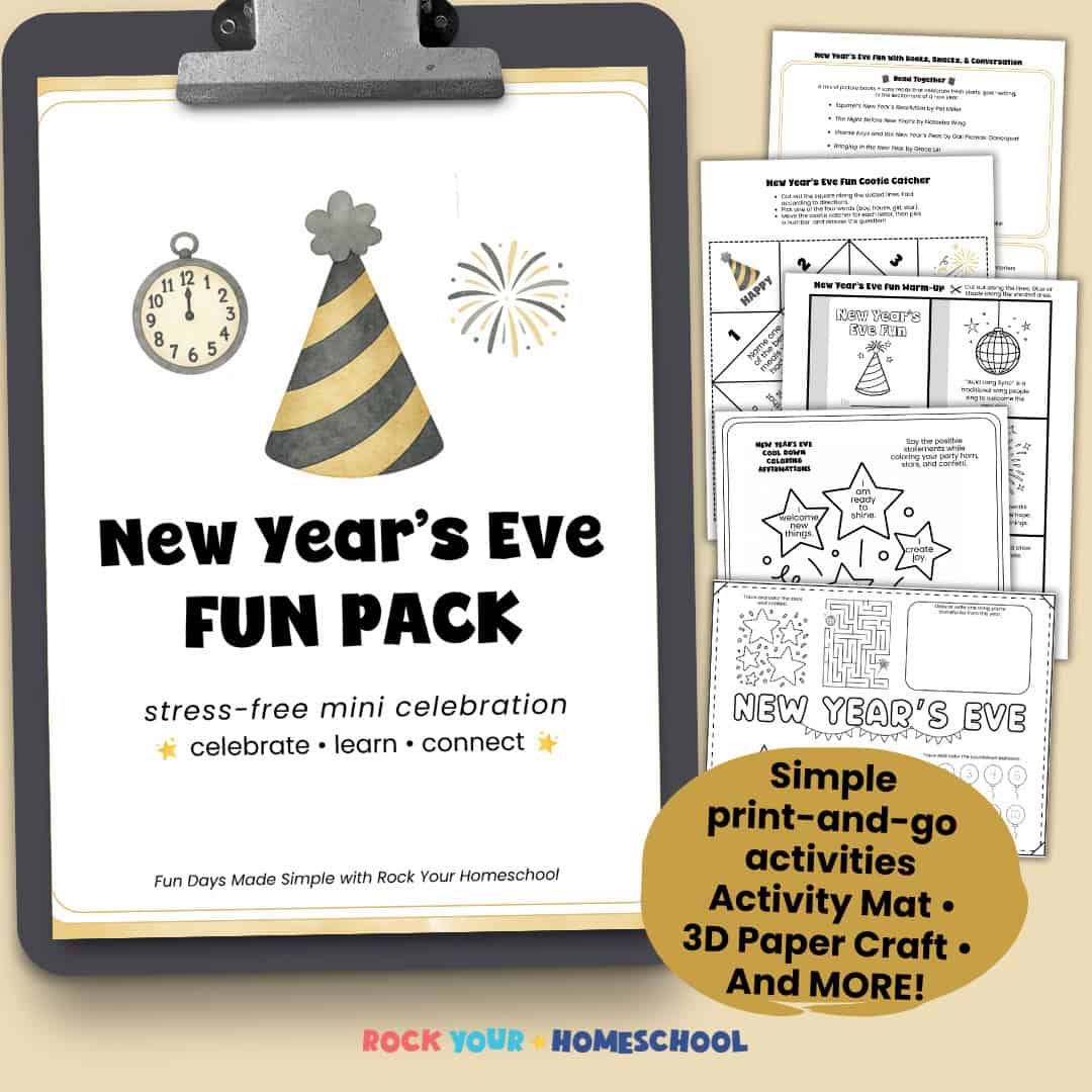 New Year's Eve Fun Pack cover on clipboard with printable activities like book and snack recommendations, conversation starter cootie catcher, mini book, affirmations coloring page, and activity mat.