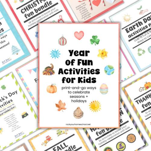Year of Fun Bundle cover with covers of other printable activities packs of winter, Christmas, Valentine's Day, St. Patrick's Day, Spring, Easter, Earth Day, Fall, Halloween, and Thanksgiving.