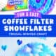 Coffee filters, box of markers, and scissors with colored coffee filter and coffee filter snowflakes in purples and blues.